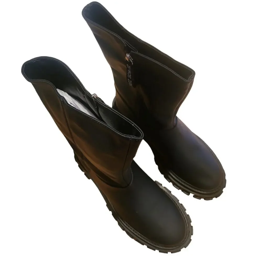 Schutz Juany Winter Black Rounded Toe Mid Calf Lug Sole Block Heel Boots 8.5 - Picture 7 of 10